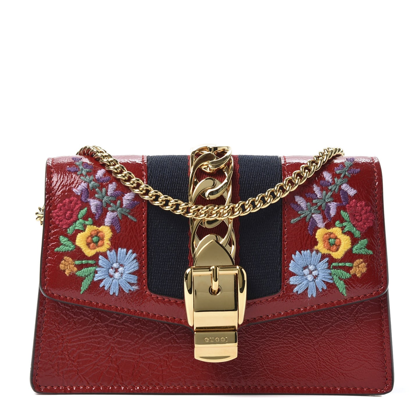 Patent Embroidered Super Mini Sylvie Chain Shoulder Bag Hibiscus Red