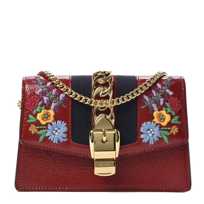 Gucci Patent Embroidered Super Mini Sylvie Chain Shoulder Bag Hibiscus Red 1 of 10