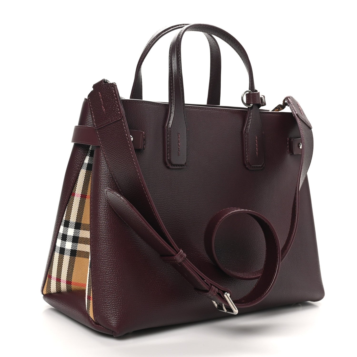 Burberry Grainy Calfskin House Check Medium Banner Tote Mahogany Red 2 of 11