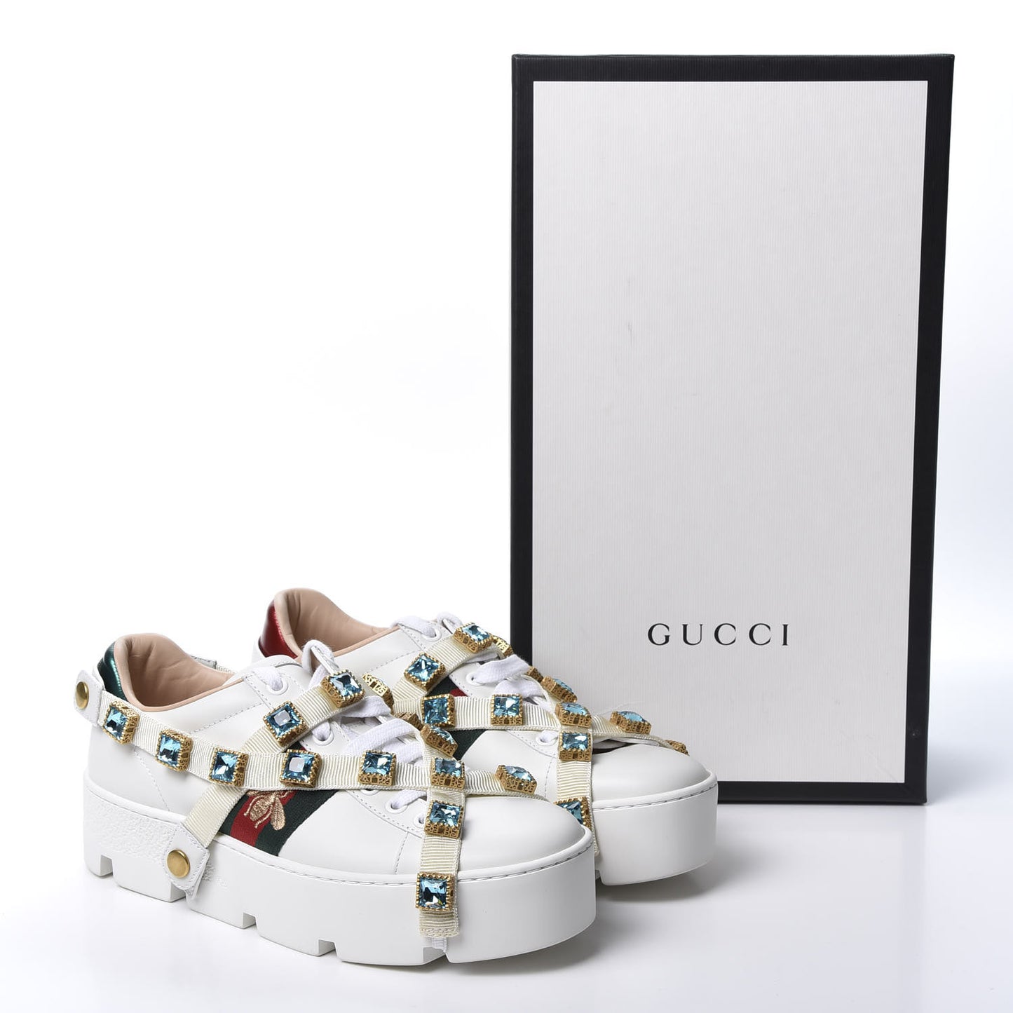 Calfskin Removable Crystals Bee Embroidered Womens Ace Platform Sneakers 36.5 White