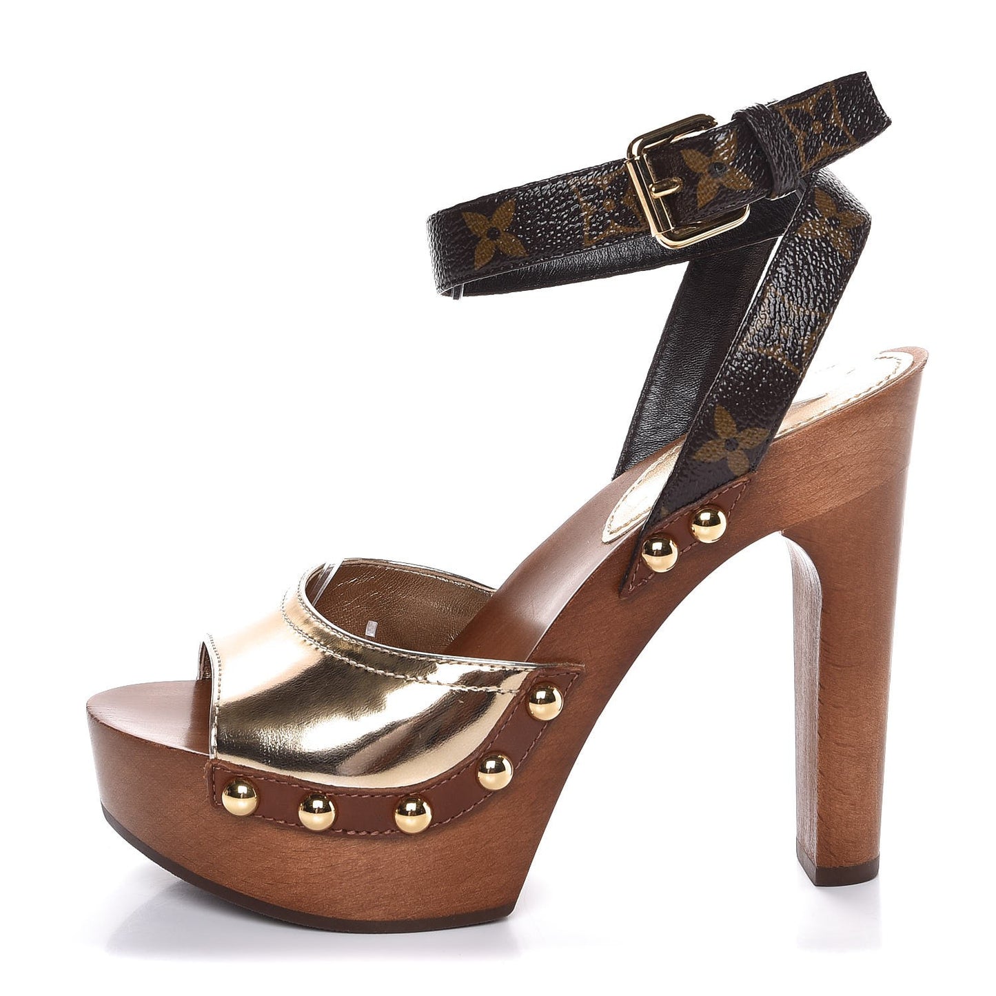 Patent Monogram Wooden Canopy Clog Sandals 36 Gold