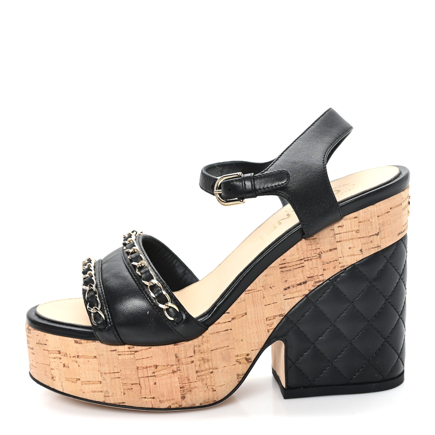 Lambskin Quilted Chain Cork Wedge Sandals Black 36 Black