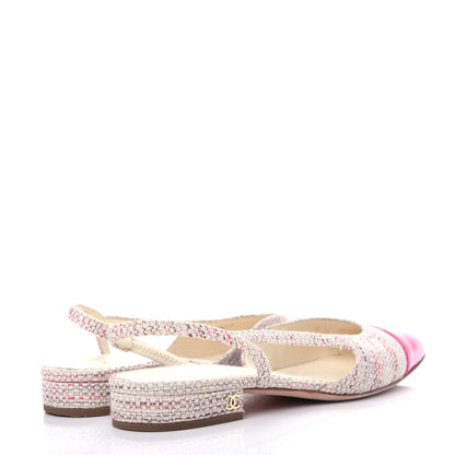 Chanel Tweed Patent Cap Toe CC Slingback Flat 36.5 Pink White 4 of 10