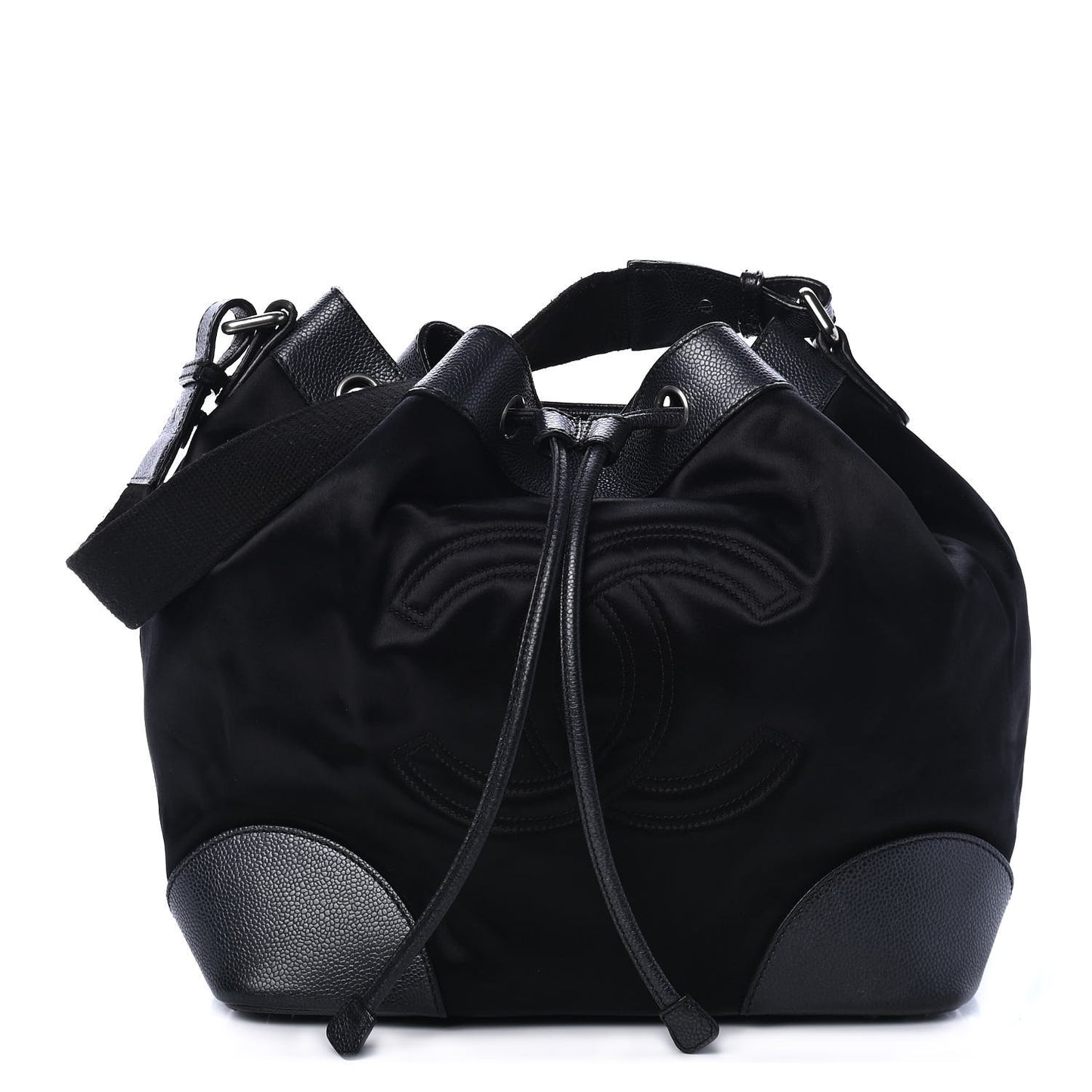 Satin Caviar CC Drawstring Bucket Bag Black