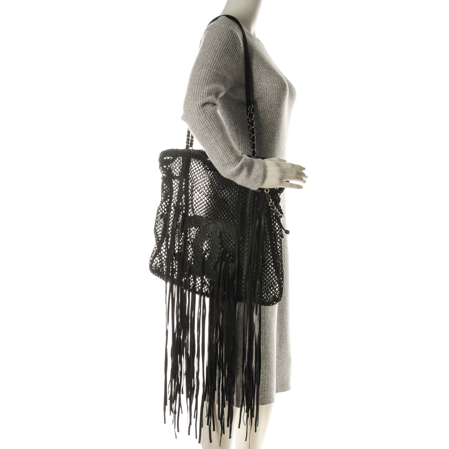 Chanel Calfskin Fringe La Madrague Large Tote Black 2 of 7