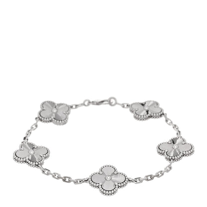 Van Cleef & Arpels 18K White Gold 5 Motifs Guilloche Vintage Alhambra Bracelet 1 of 5