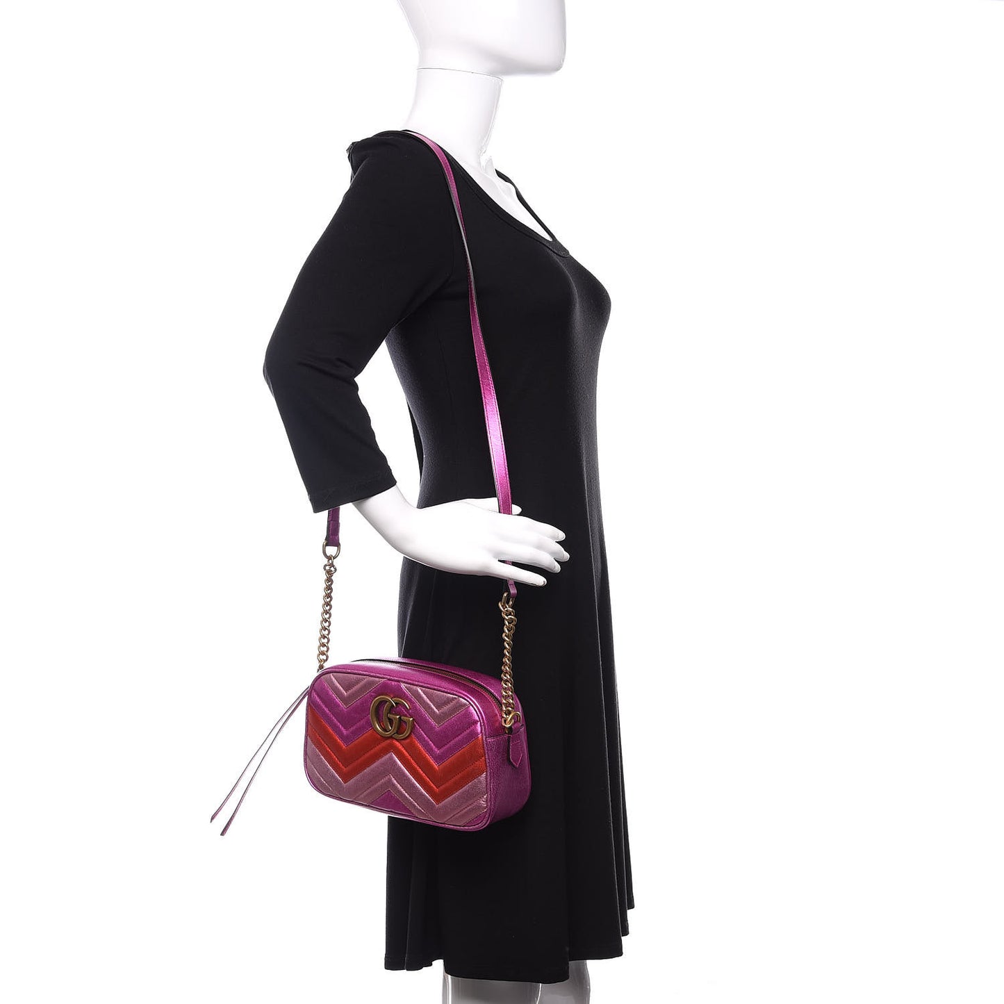 Laminated Nappa Matelasse Small GG Marmont Chain Shoulder Bag Fuxia Rosso Rosa