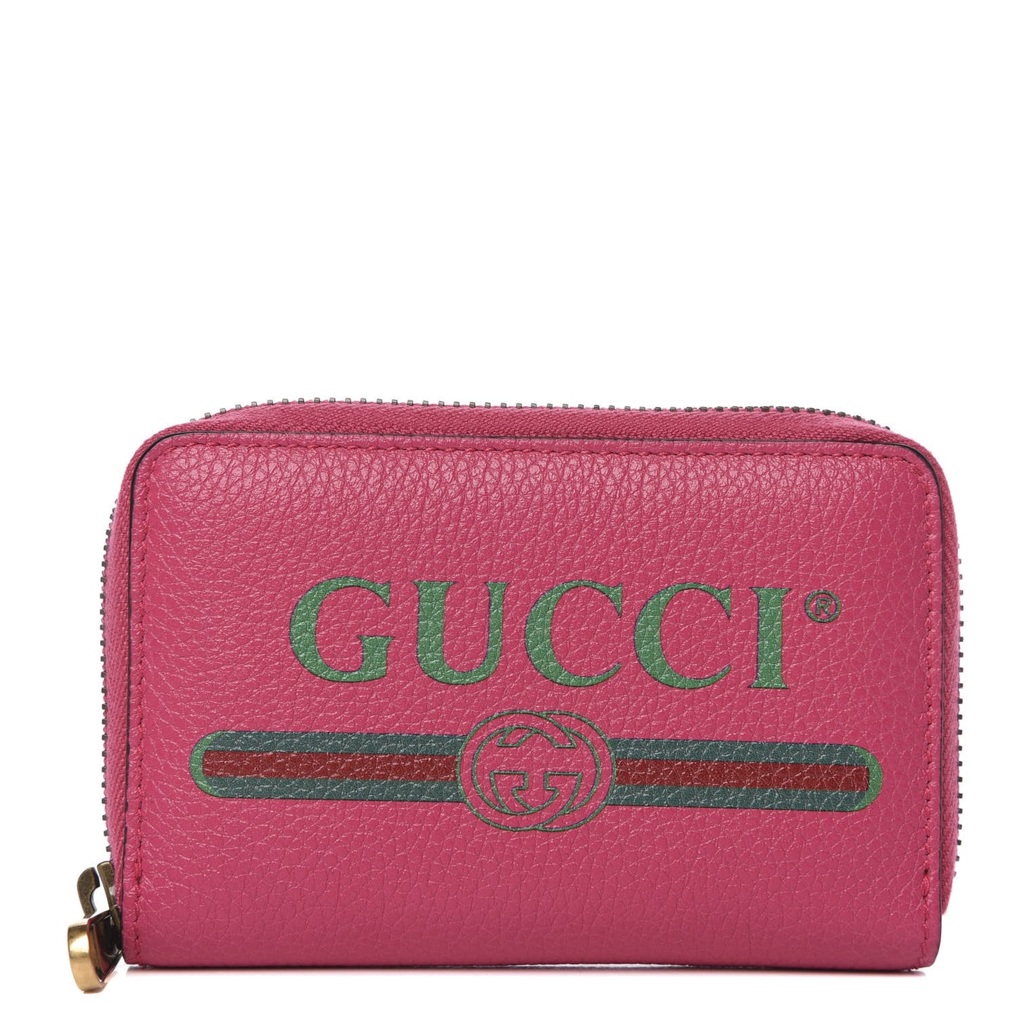 Grained Calfskin Logo Zip Around Card Case Box Pink Green