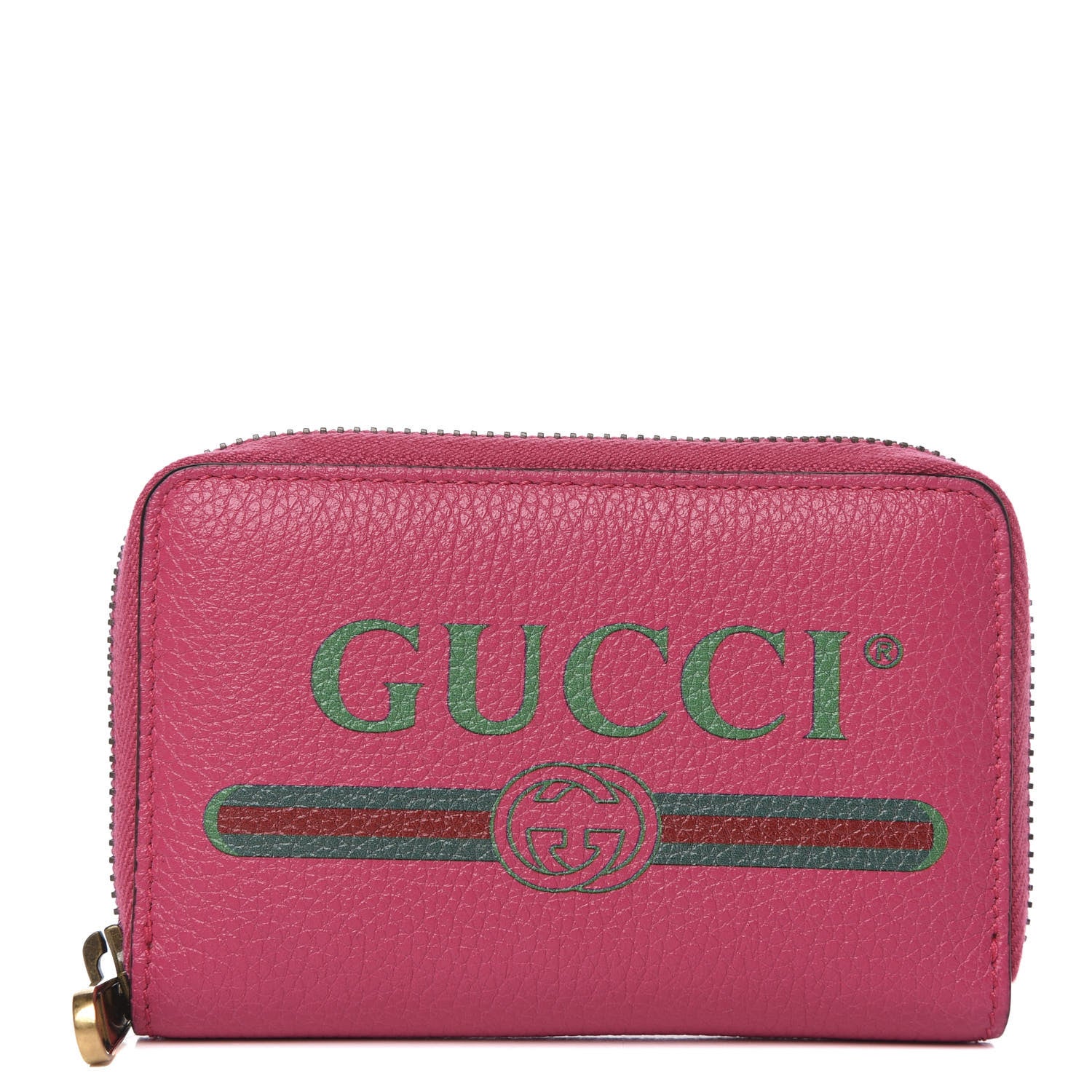 Gucci Grained Calfskin Logo Zip Around Card Case Box Pink Green 1 of 6