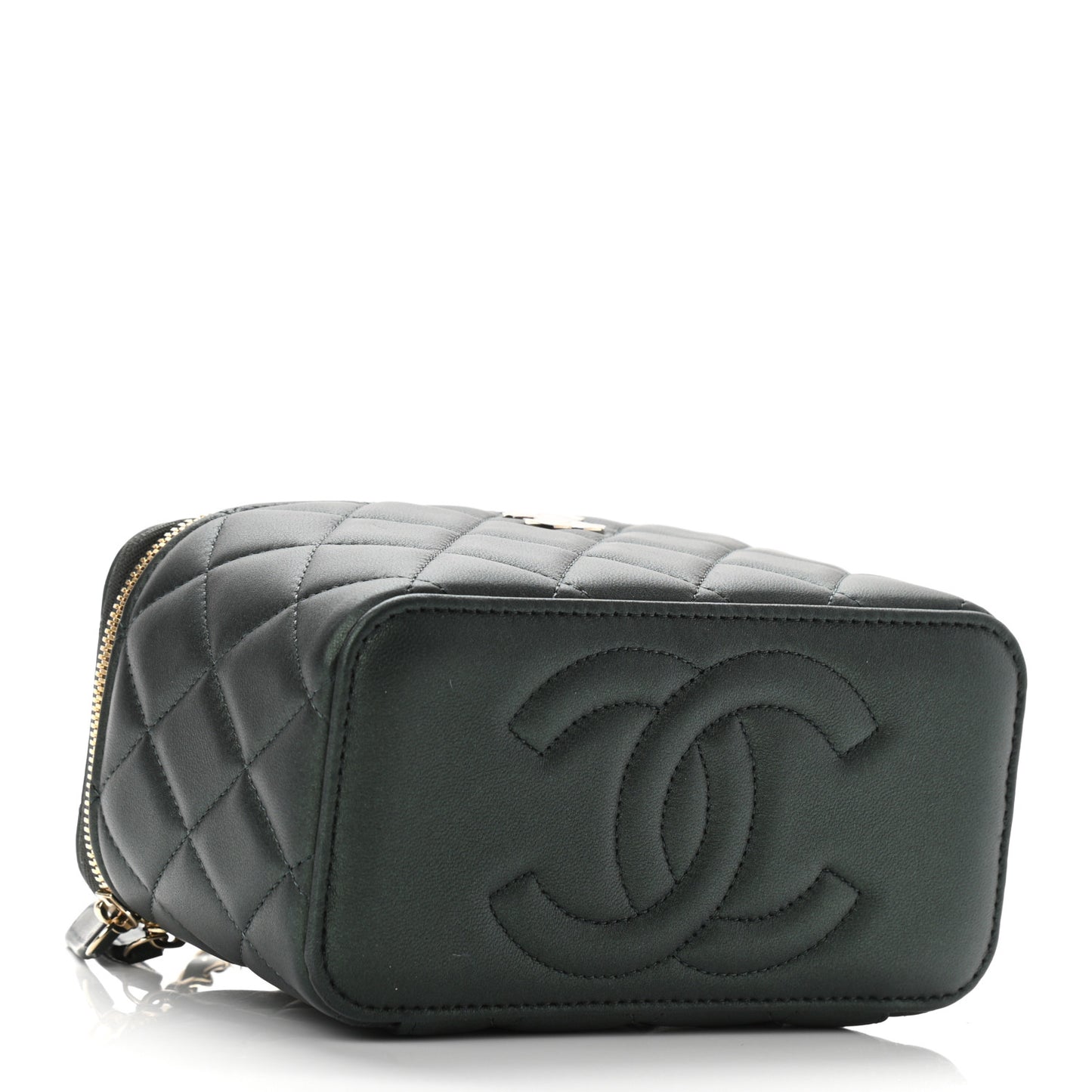 Iridescent Lambskin Quilted Small Top Handle Vanity Case With Chain Green