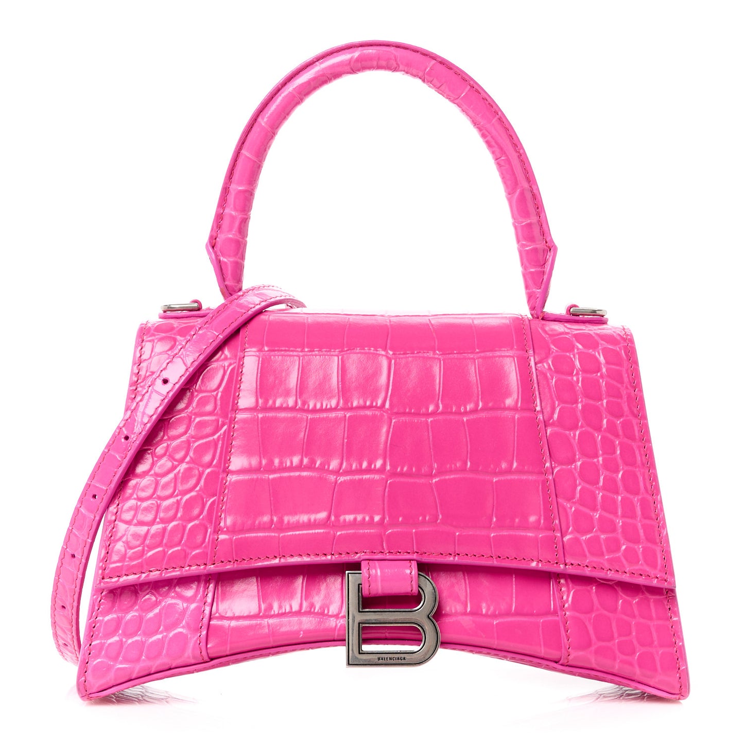 Shiny Calfskin Crocodile Embossed Small Hourglass Top Handle Bag Fuchsia