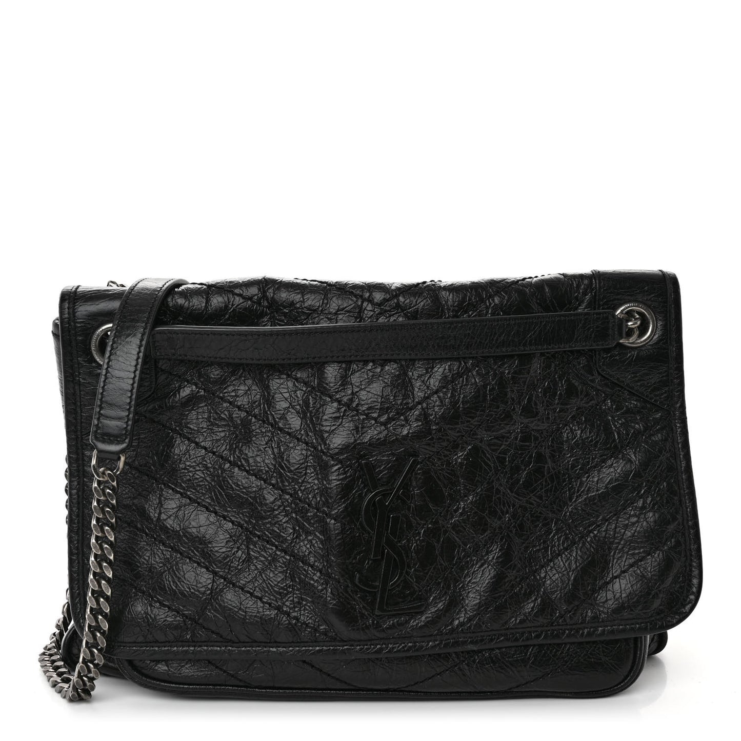 Crinkled Calfskin Matelasse Monogram Large Niki Chain Satchel Black