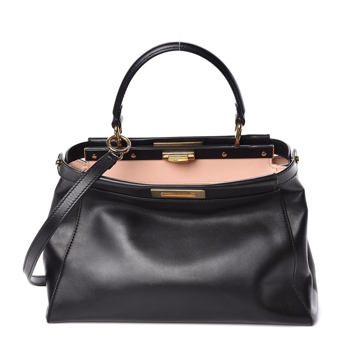 Vitello Morgan Shiny Nappa Medium Peekaboo Iconic Satchel Black Rosa Plaster