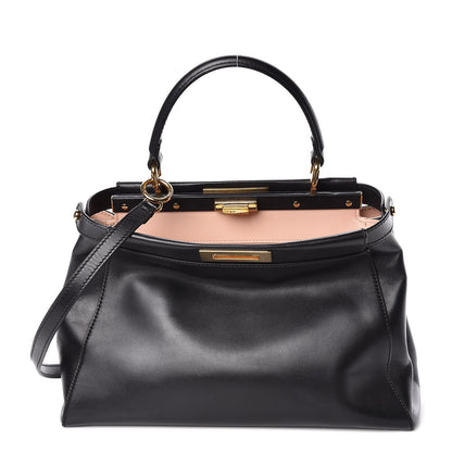 Fendi Vitello Morgan Shiny Nappa Medium Peekaboo Iconic Satchel Black Rosa Plaster 1 of 19