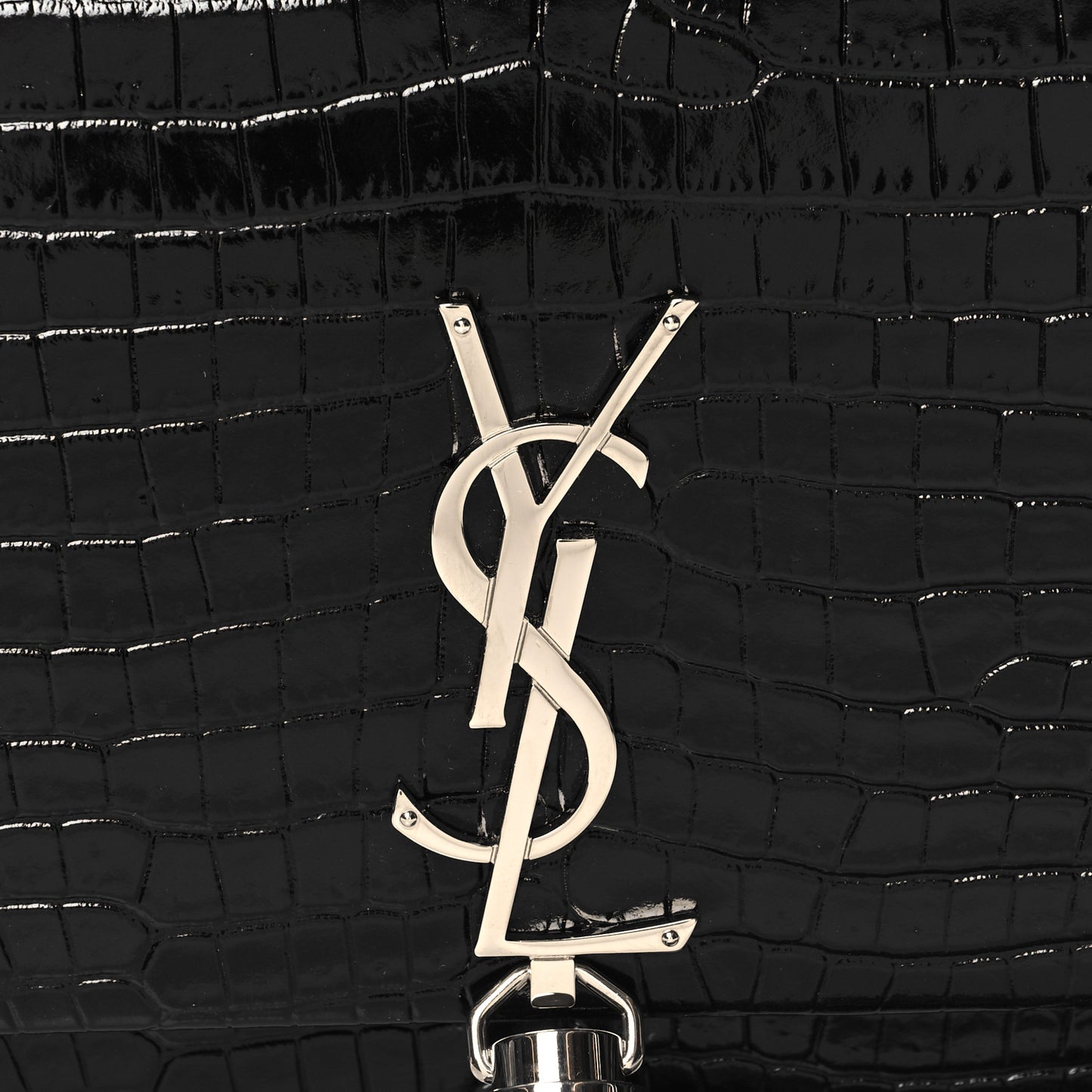 Calfskin Crocodile Embossed Small Classic Monogram Kate Tassel Satchel Black