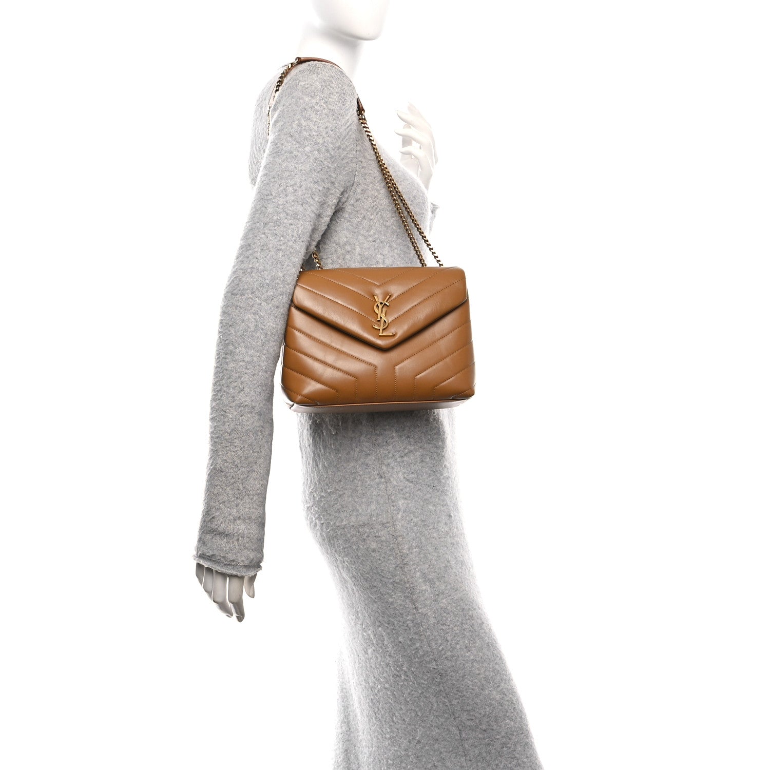 Saint Laurent Calfskin Y Quilted Monogram Small Loulou Chain Satchel Dark Natural 2 of 11