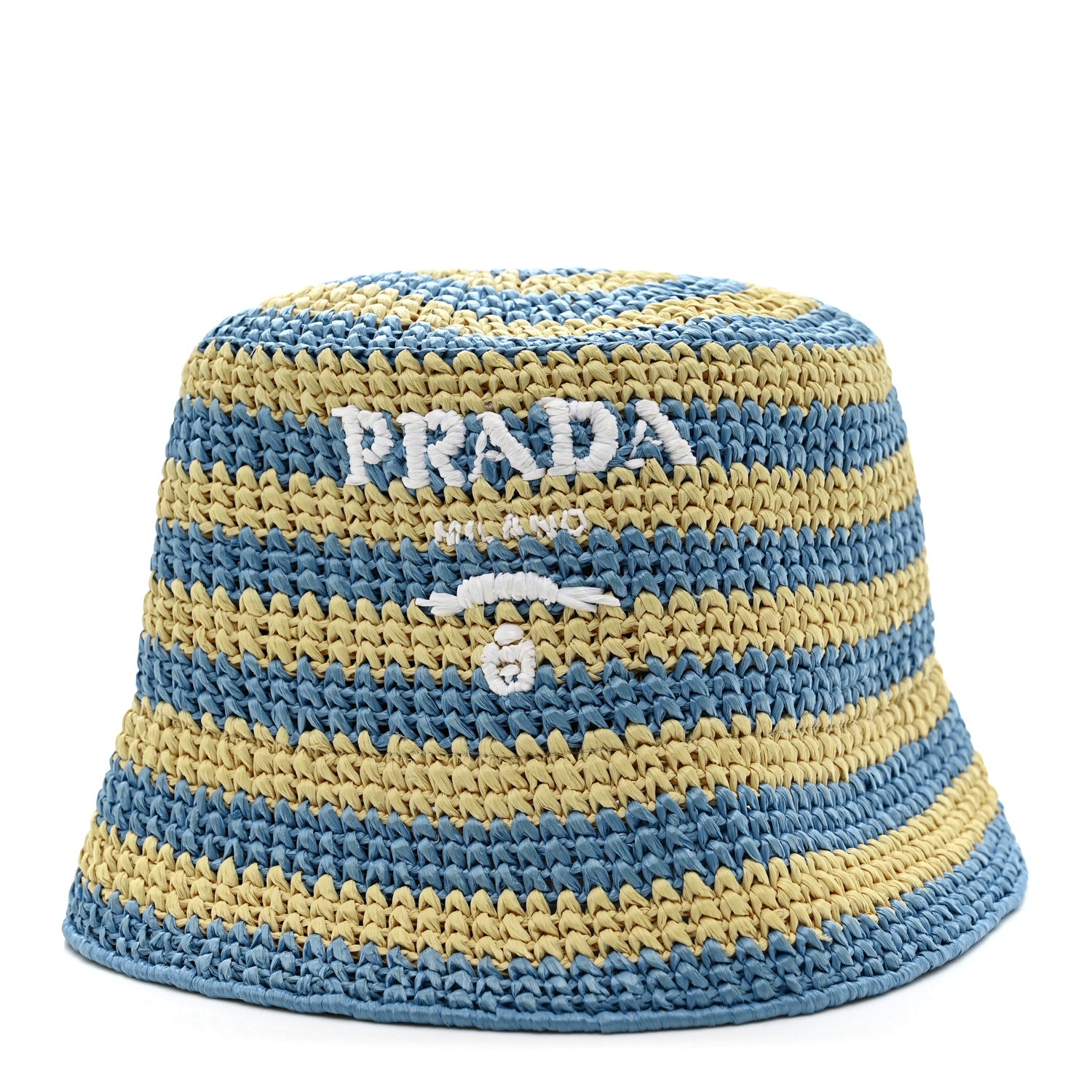 Prada Raffia Striped Logo Embroidered Womens Bucket Hat M Naturale Cielo 3 of 8