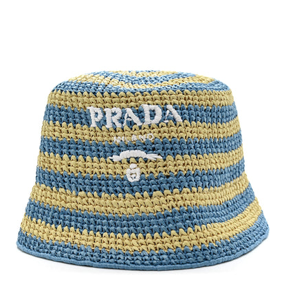 Prada Raffia Striped Logo Embroidered Womens Bucket Hat M Naturale Cielo 3 of 8