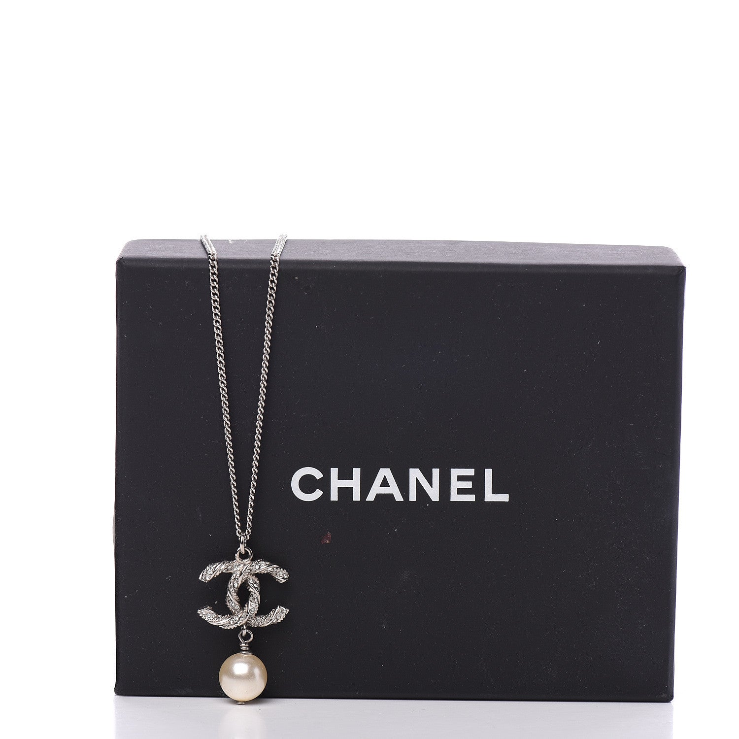 Chanel Crystal Pearl Twisted CC Drop Necklace Silver 5 of 5