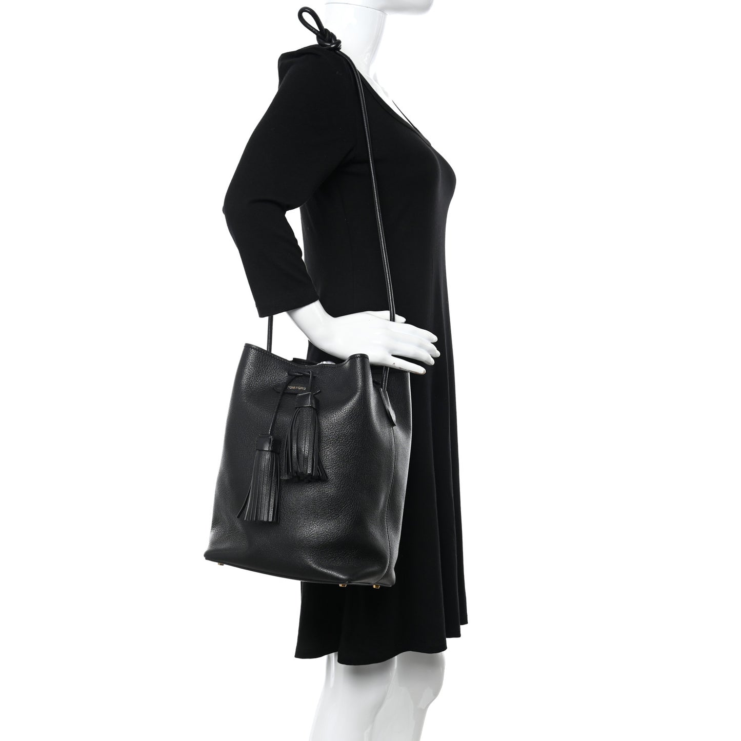 Calfskin Small Tassel Bucket Bag Black