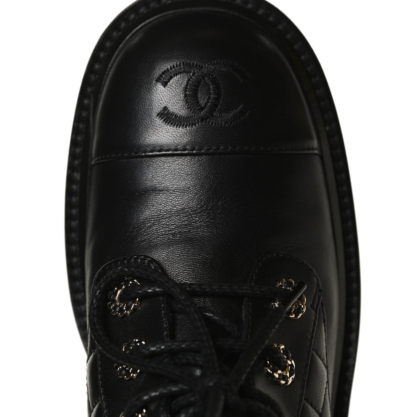 Shiny Lambskin Quilted Lace Up Combat Boots 38.5 Black