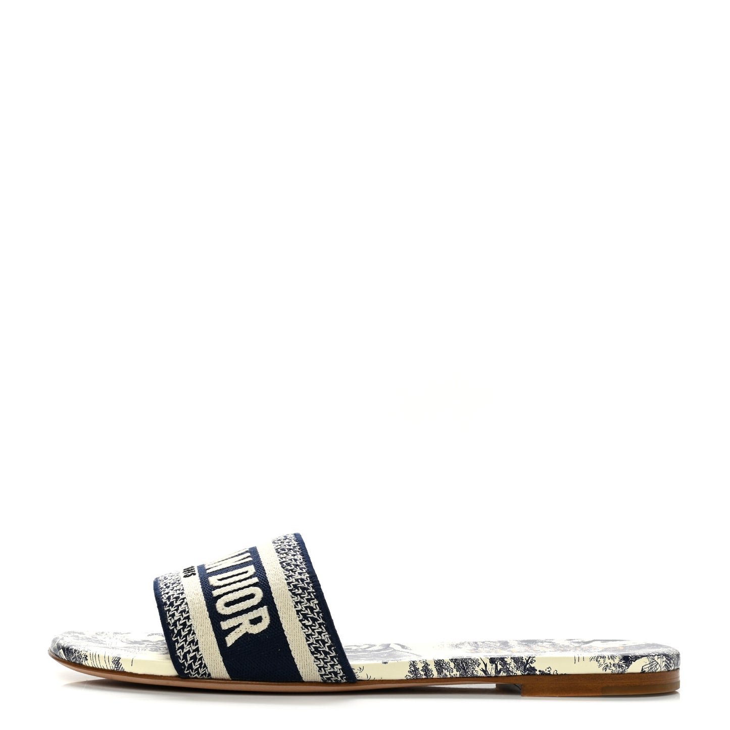 Canvas Toile de Jouy Embroidered Dway Flat Slide Sandals 39 Blue