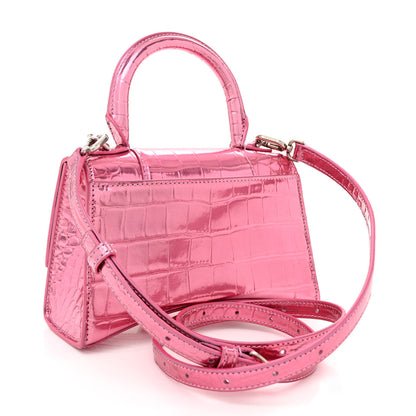 Balenciaga Metallic Shiny Calfskin Crocodile Embossed Hourglass Top Handle Bag XS Pink 3 of 14