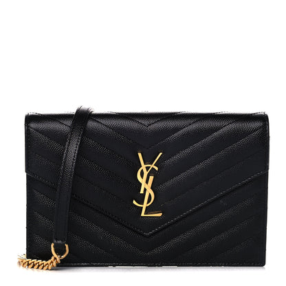 Saint Laurent Grain De Poudre Matelasse Chevron Monogram Envelope Chain Wallet Black 1 of 14