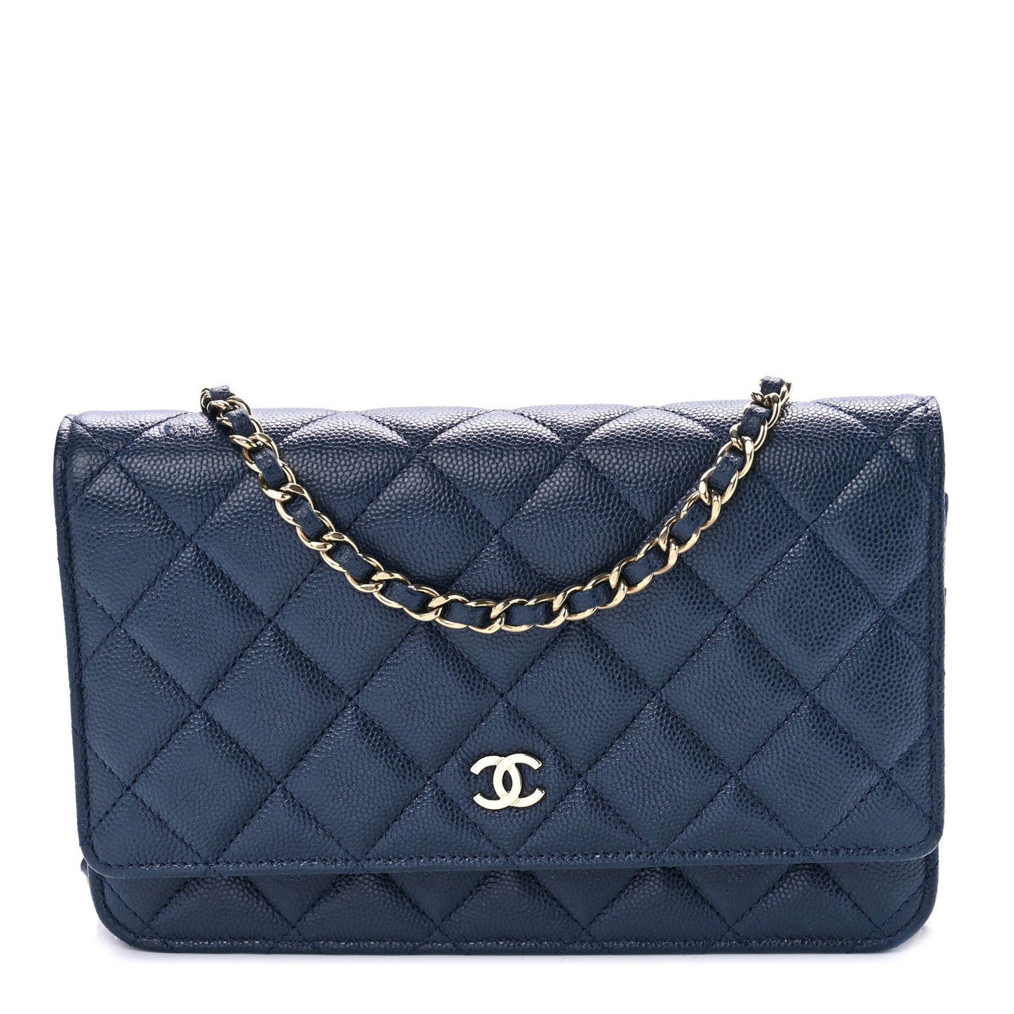 Iridescent Caviar Quilted Wallet On Chain WOC Blue