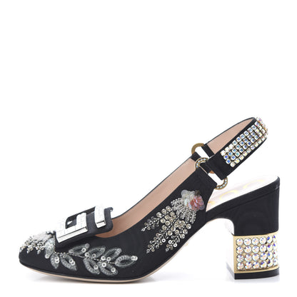 Gucci Moire Fabric Eyes Crystal Square G Madelyn Slingbacks 36 Black 1 of 10