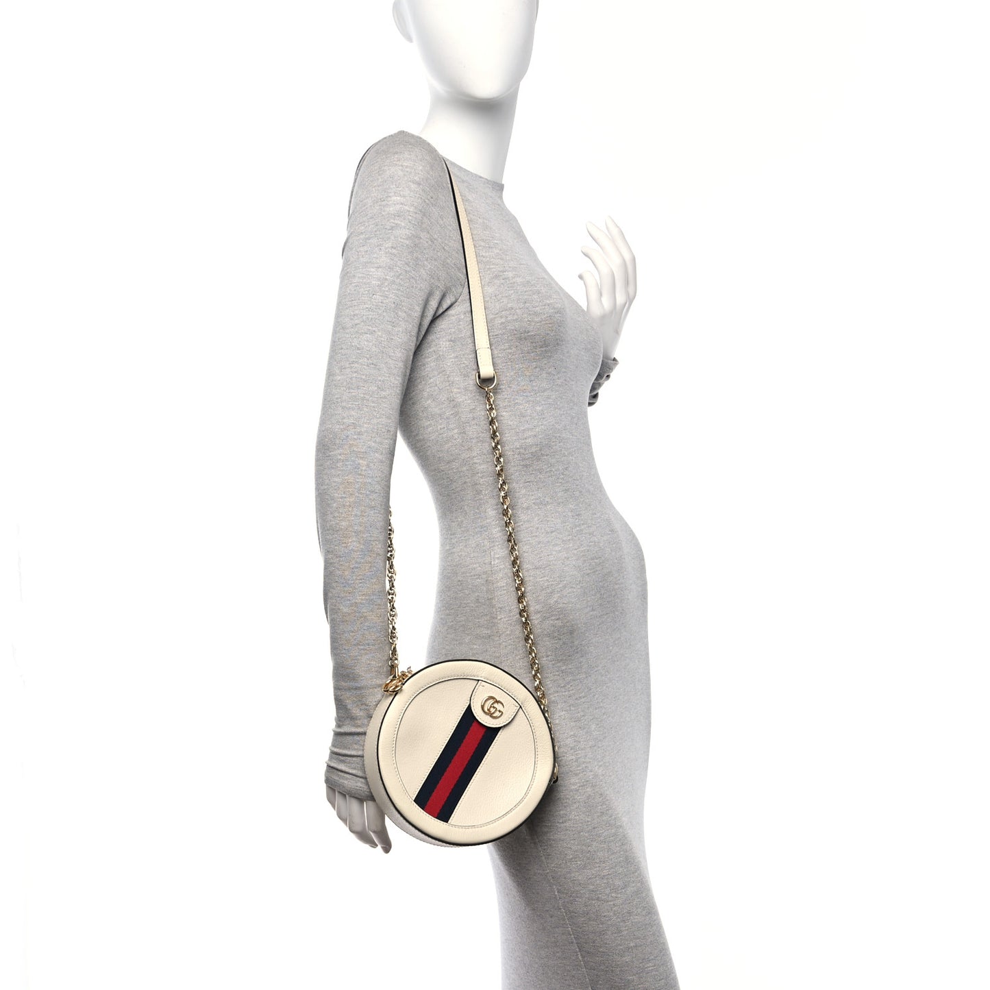 Textured Calfskin Web Mini Ophidia Round Shoulder Bag Mystic White