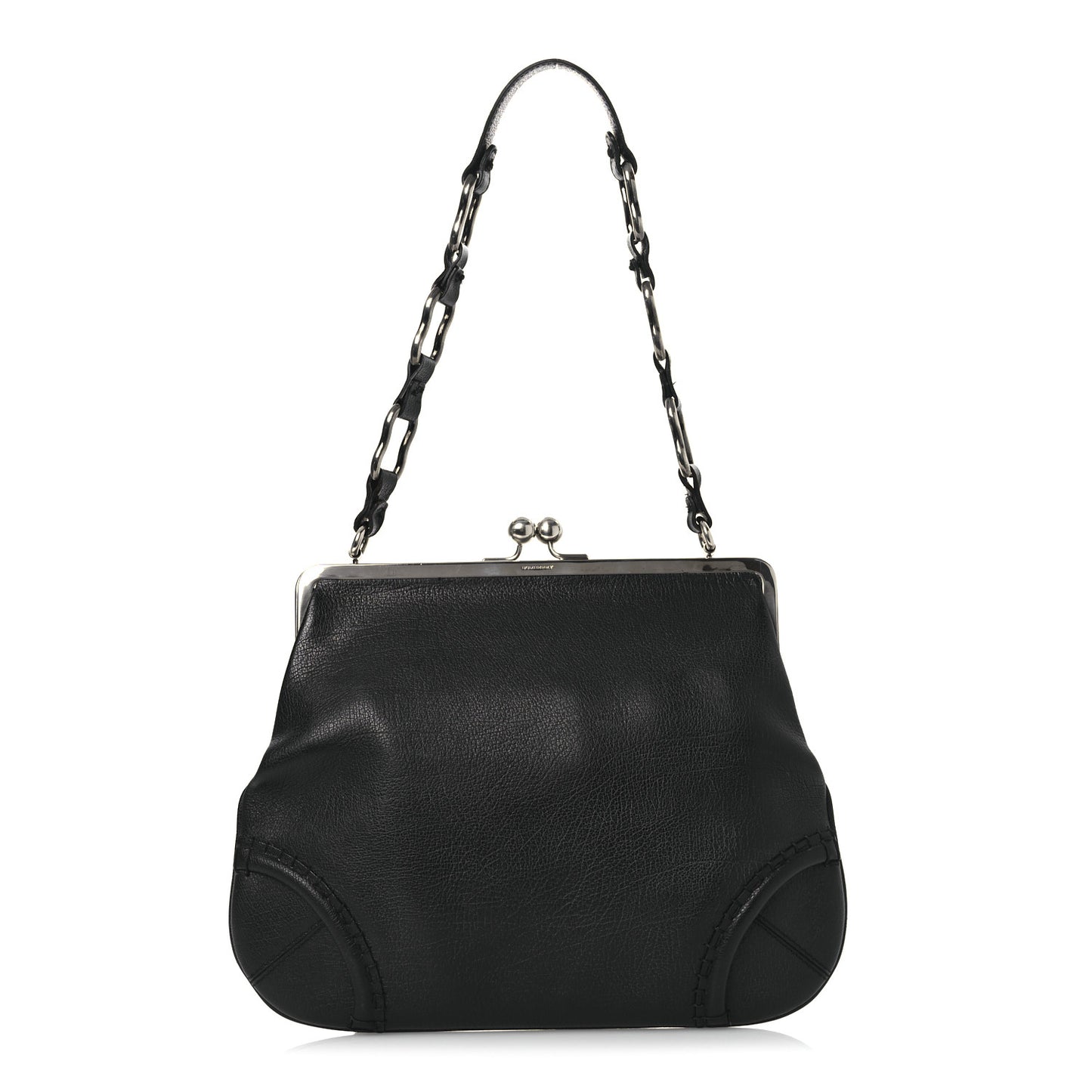 Goatskin Kiss Lock Frame Shoulder Bag Black