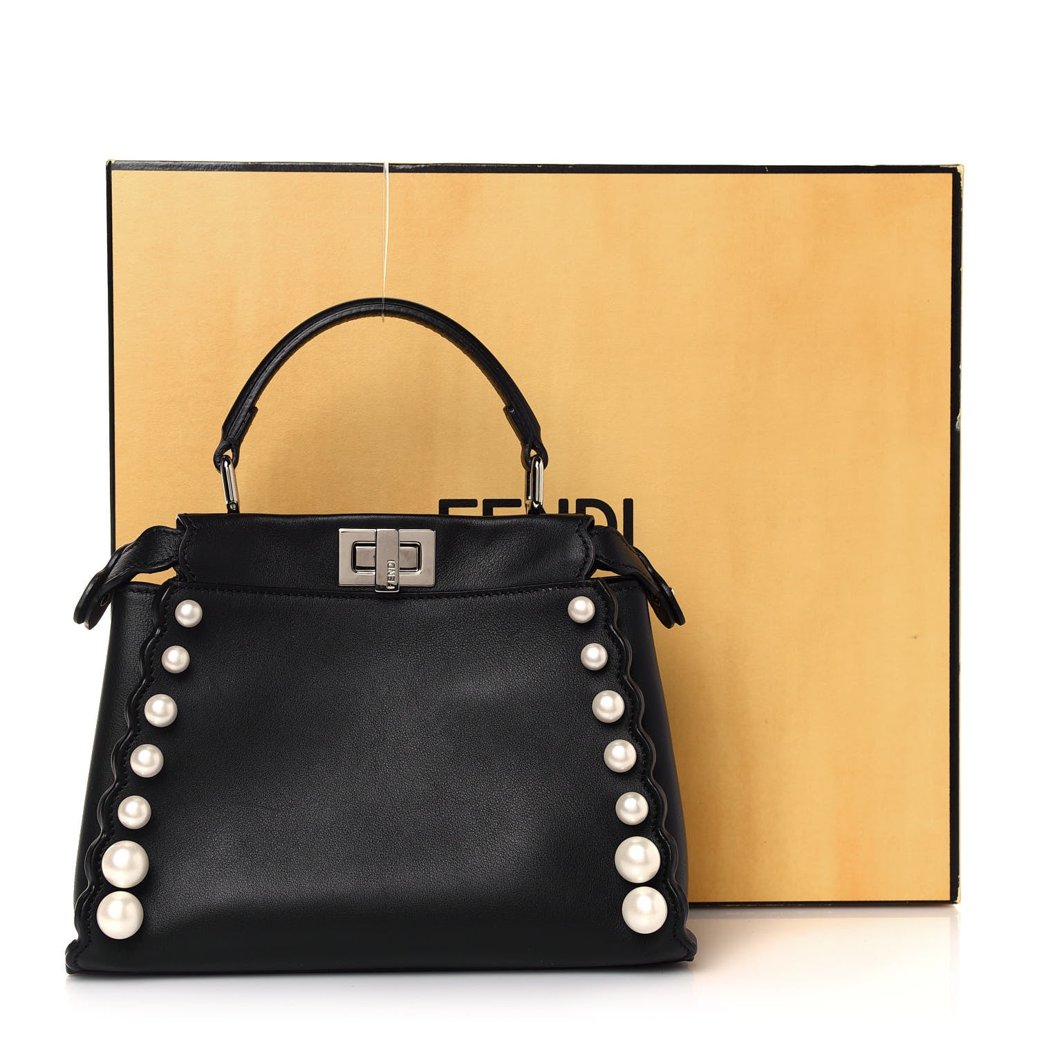 Fendi Vitello Seta Shiny Nappa Pearl Scallopped Studded Mini Peekaboo Iconic Satchel Black 13 of 13