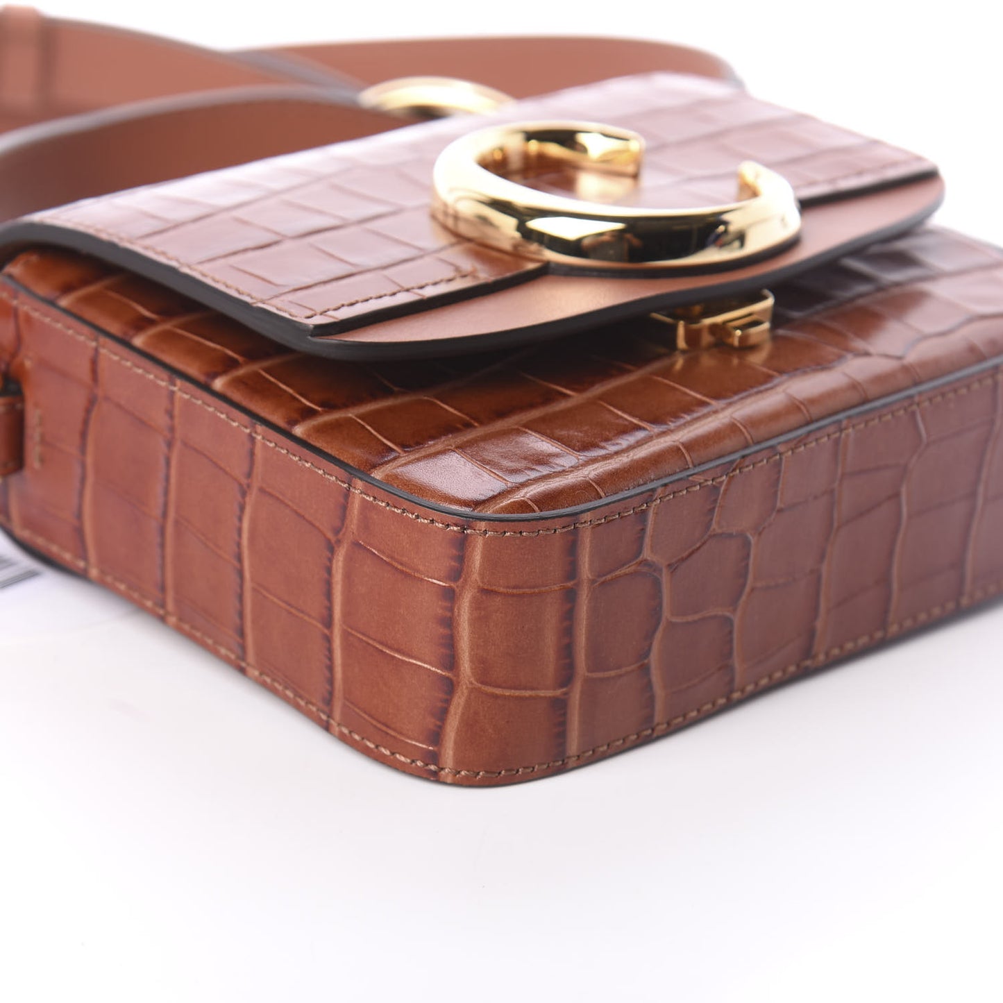Calfskin Crocodile Embossed Mini C Double Carry Chestnut Brown