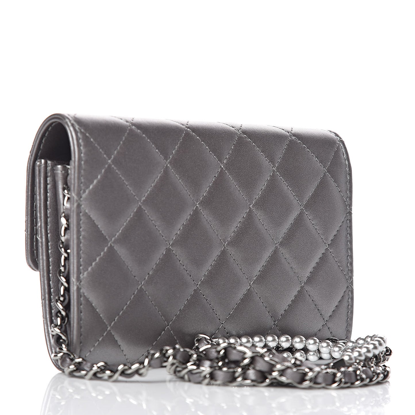 Lambskin Quilted Pearl My Shoulder Mini French Wallet On Chain WOC Silver