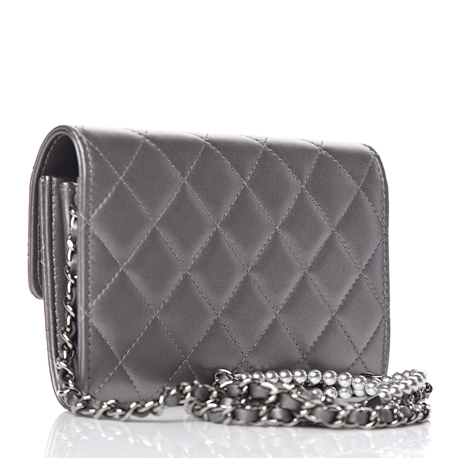 Chanel Lambskin Quilted Pearl My Shoulder Mini French Wallet On Chain WOC Silver 3 of 13