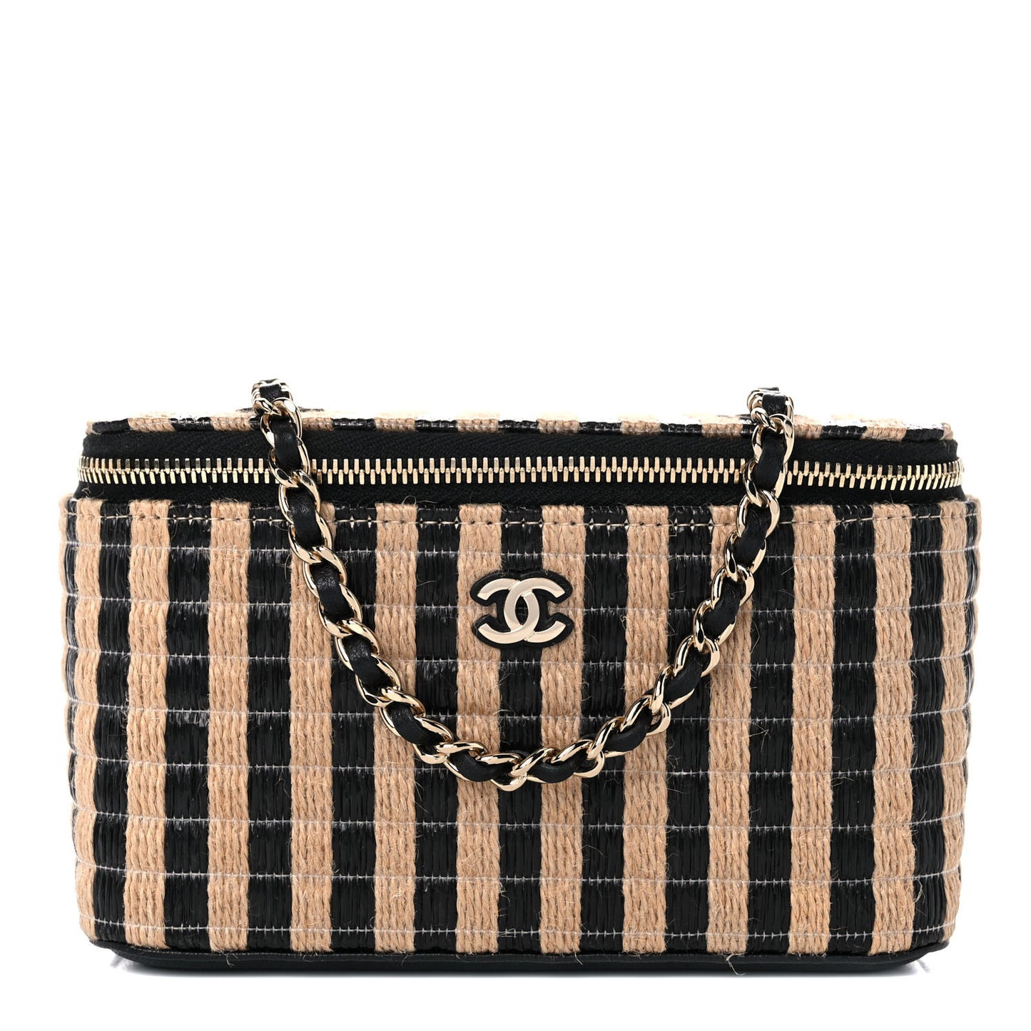 Raffia Jute Striped Small Vanity Case With Chain Black Beige
