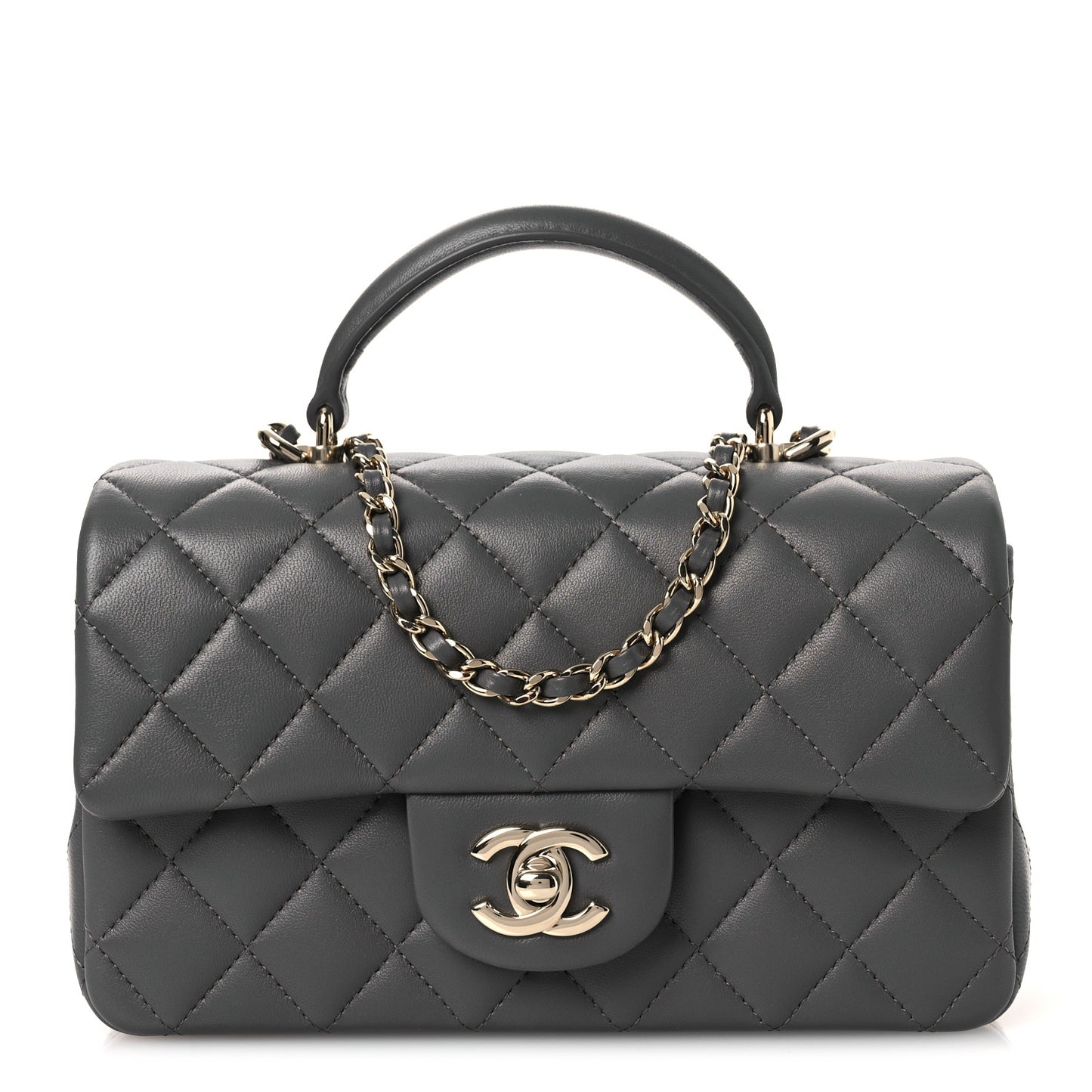 Lambskin Quilted Mini Top Handle Rectangular Flap Dark Grey