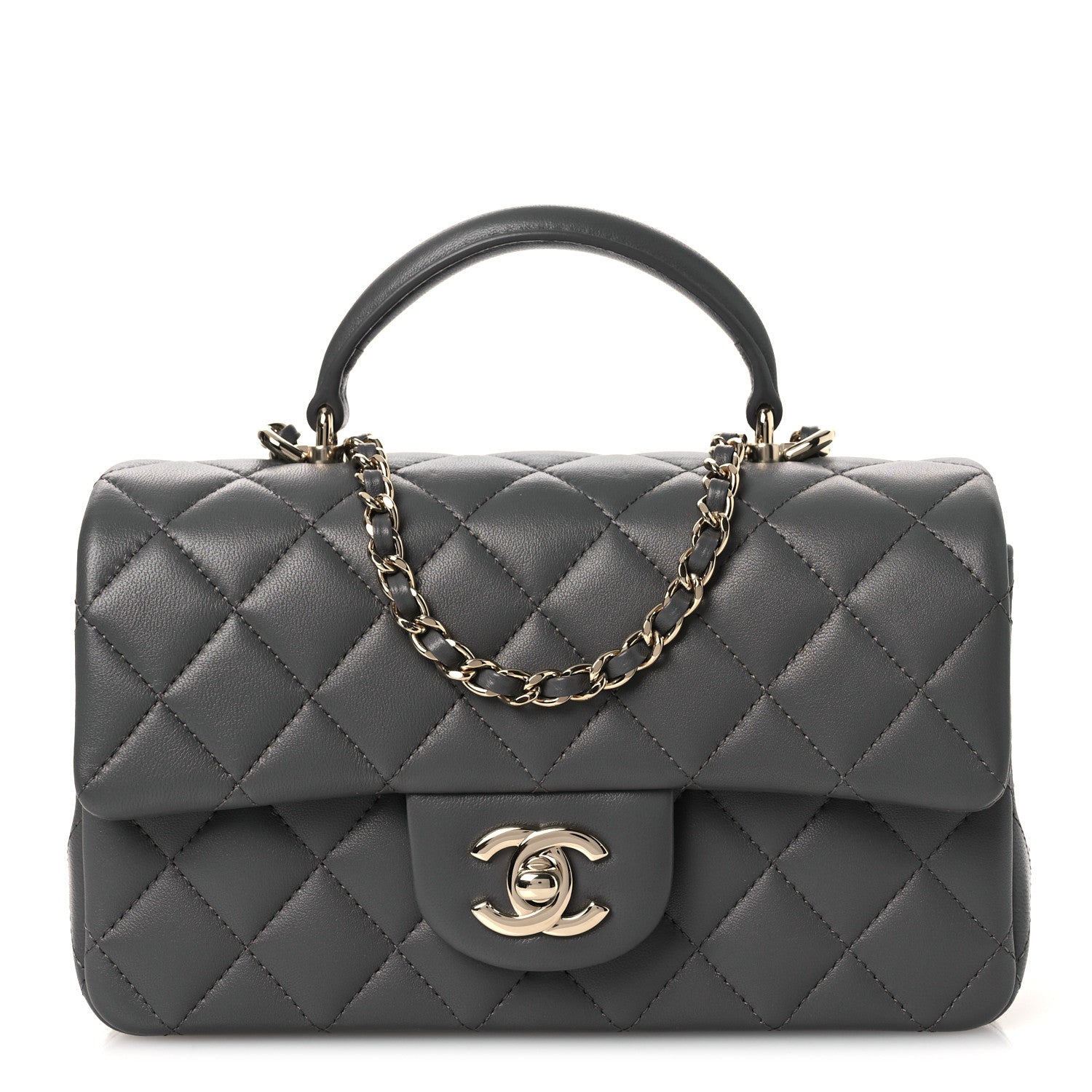 Chanel Lambskin Quilted Mini Top Handle Rectangular Flap Dark Grey 1 of 13