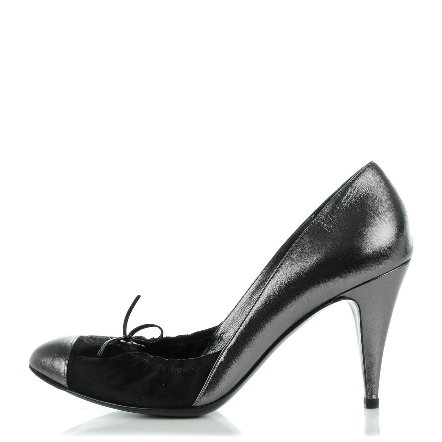 Metallic Lambskin Satin Elastic Cap Toe Pumps 39 Black Dark Silver