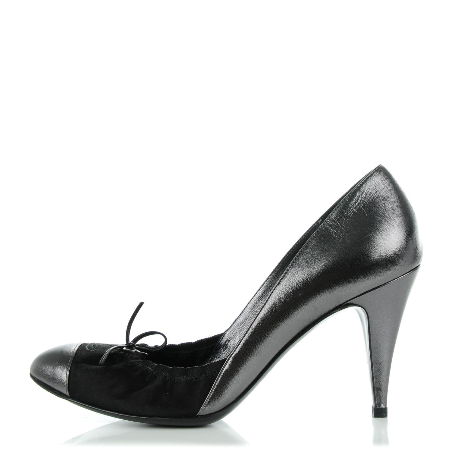 Chanel Metallic Lambskin Satin Elastic Cap Toe Pumps 39 Black Dark Silver 1 of 8