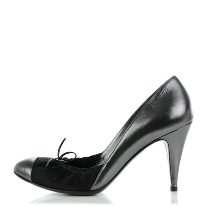 Chanel Metallic Lambskin Satin Elastic Cap Toe Pumps 39 Black Dark Silver 1 of 8