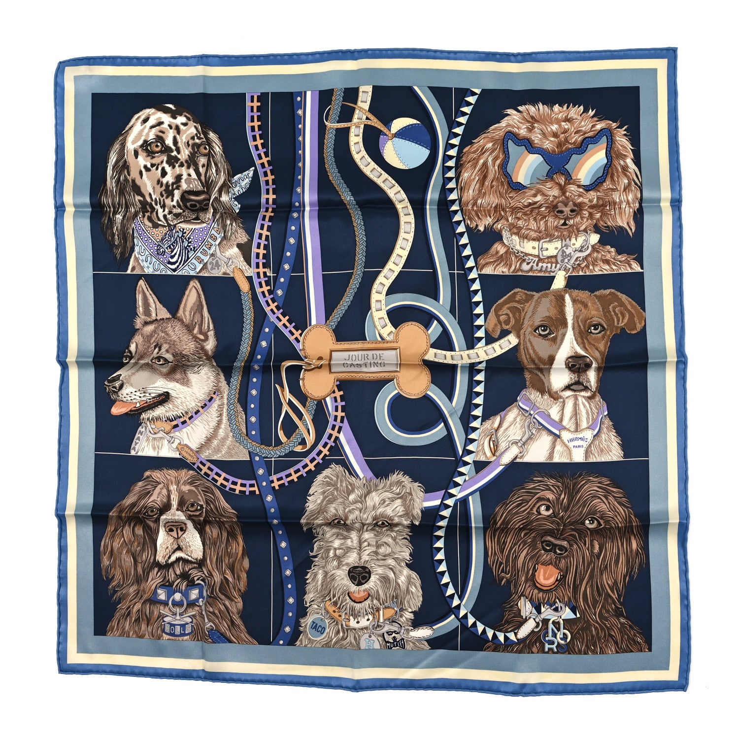 Hermes Silk Vintage Jour De Casting Scarf 70 Bleu Jean Caban Marron 1 of 3