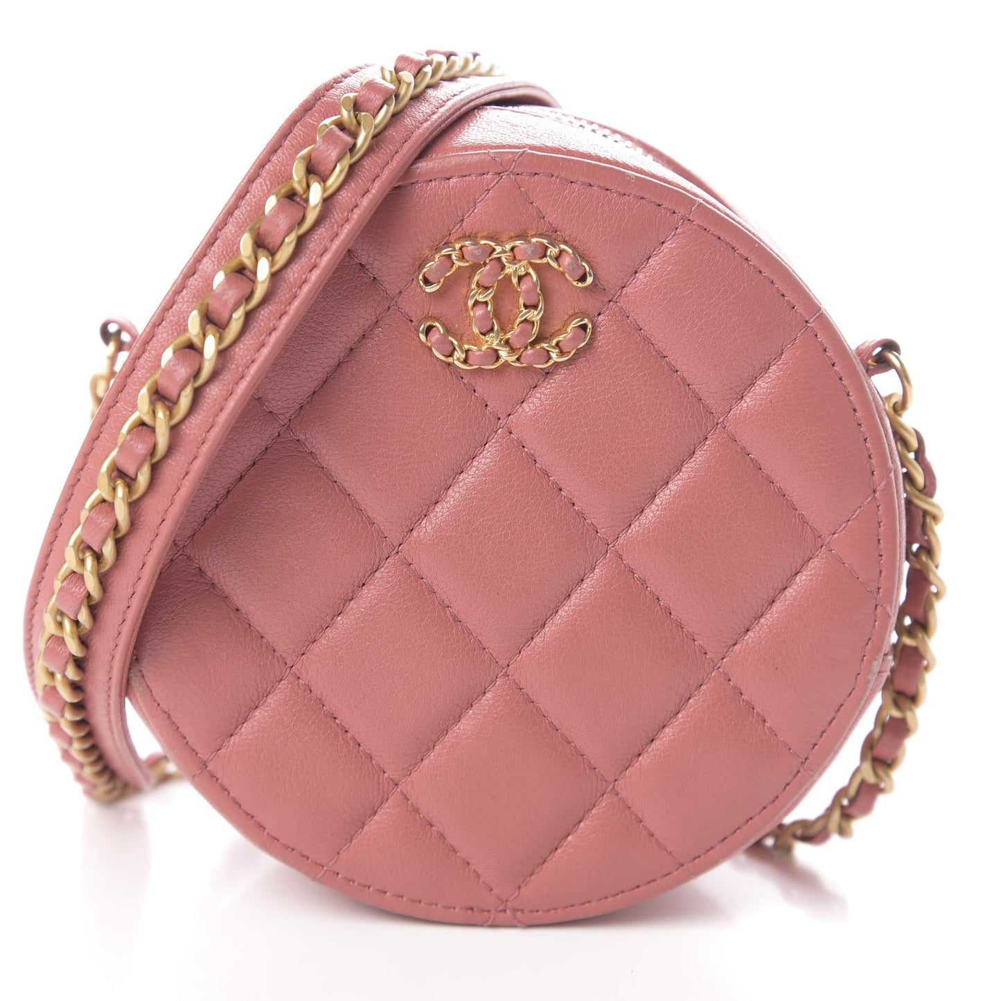 Lambskin Quilted Round Clutch With Chain Pink