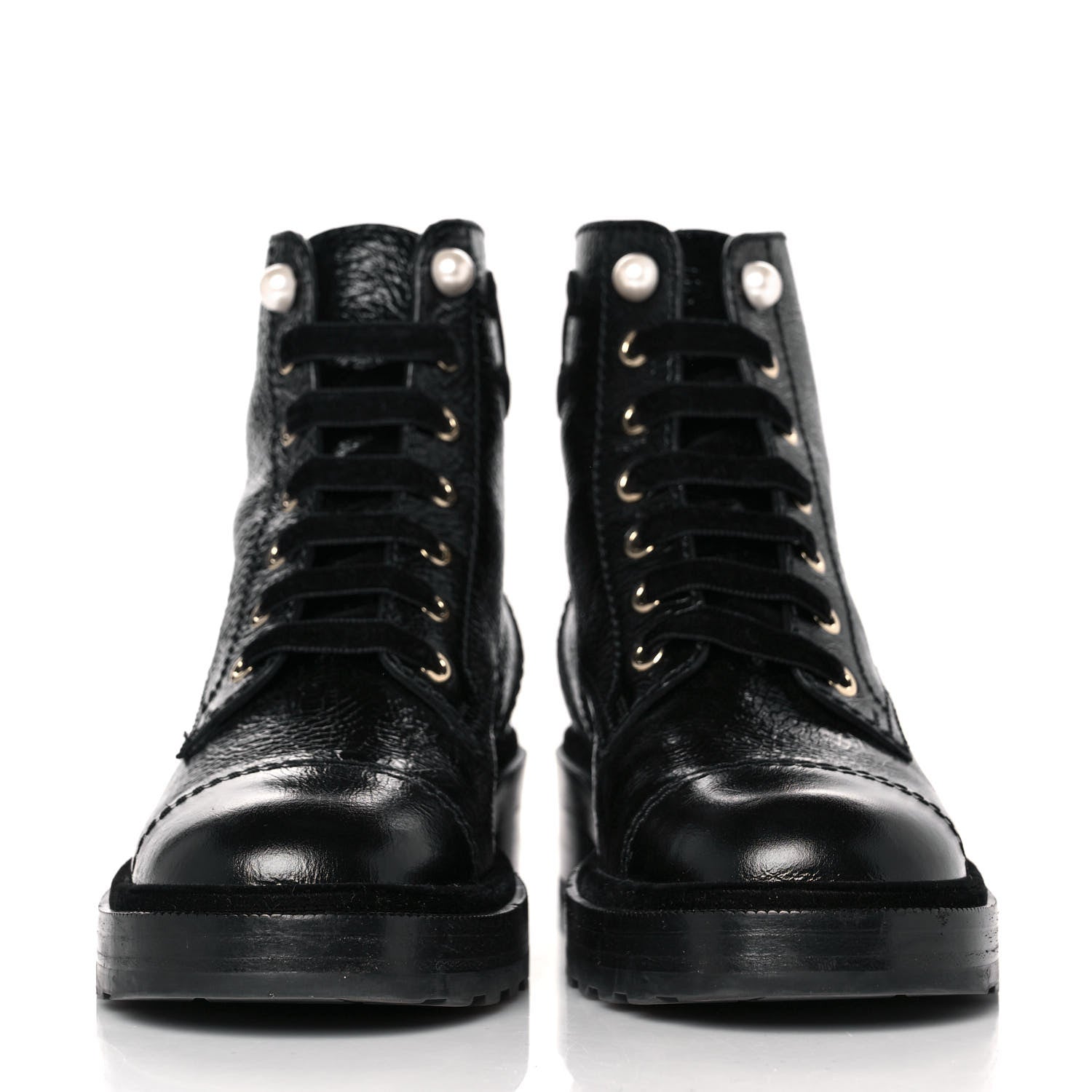 Chanel Shiny Calfskin Velvet Pearl Combat Short Boots 39 Black 2 of 8