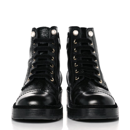Chanel Shiny Calfskin Velvet Pearl Combat Short Boots 39 Black 2 of 8