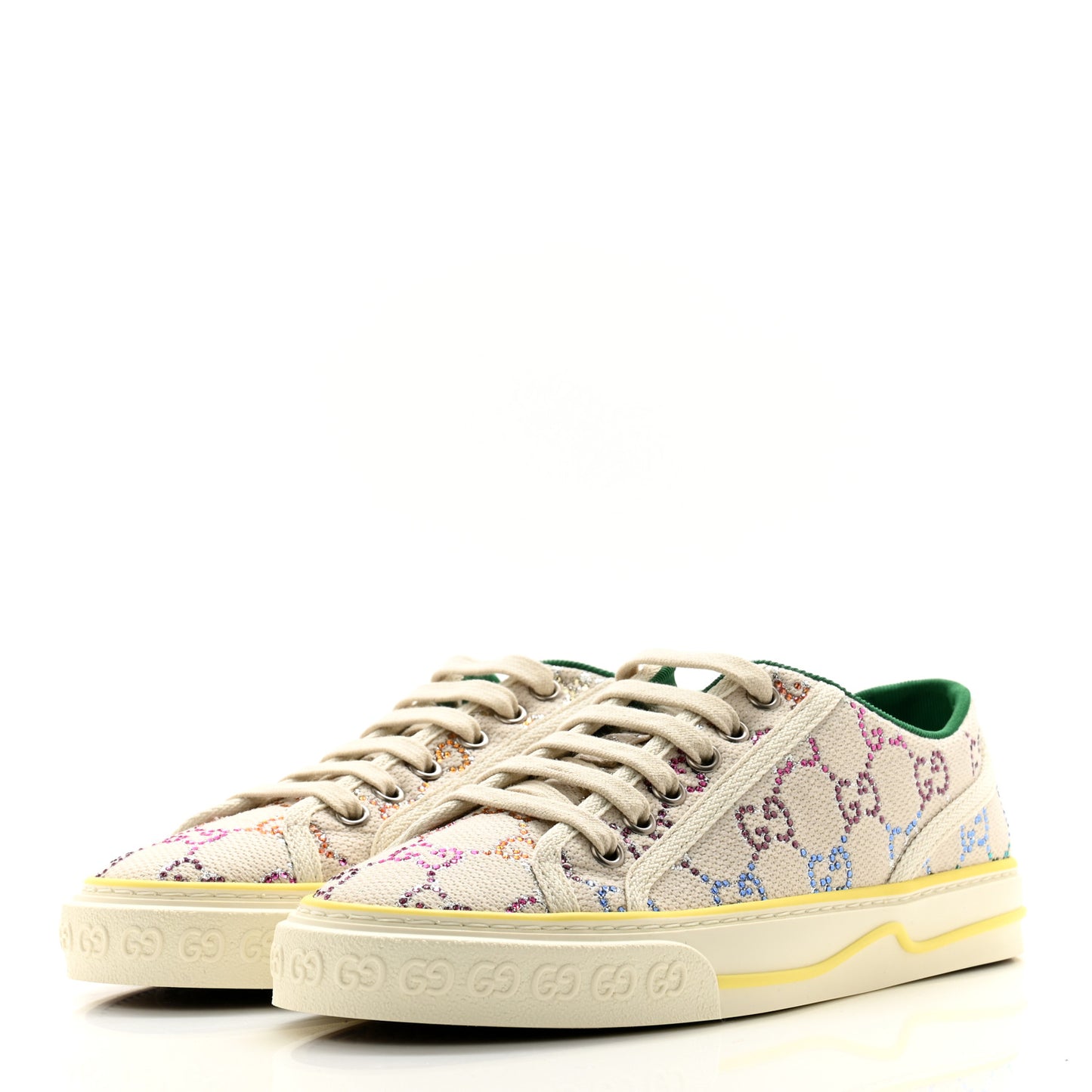 Canvas Lame Crystal GG Monogram Womens 1977 Tennis Sneakers 37 Gardenia Silver Mystic White