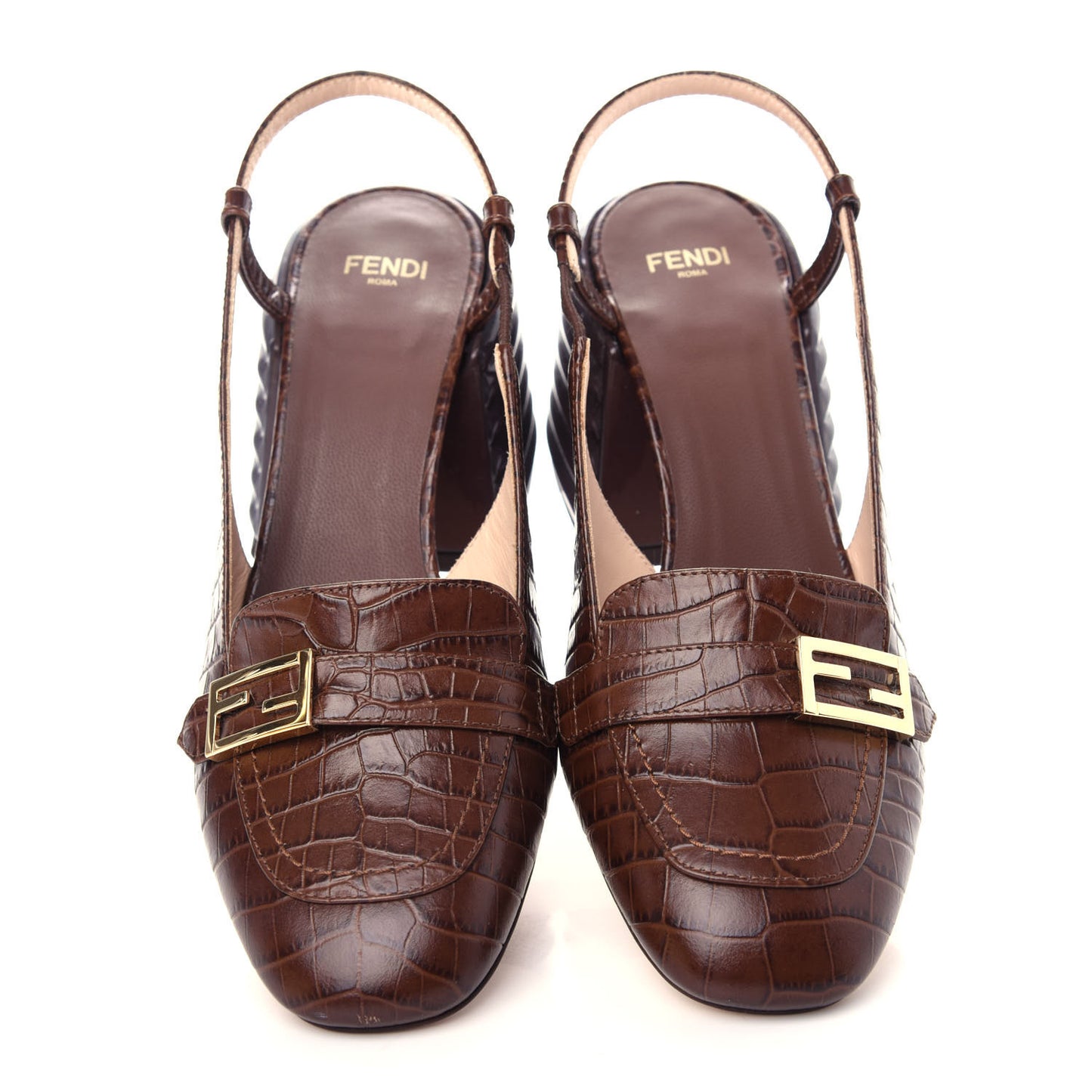 Calfskin Crocodile Embossed Promenade Slingback Loafer Pumps 36.5 Dark Brown