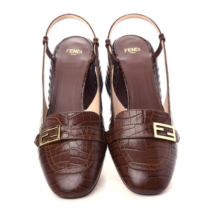 Fendi Calfskin Crocodile Embossed Promenade Slingback Loafer Pumps 36.5 Dark Brown 5 of 10