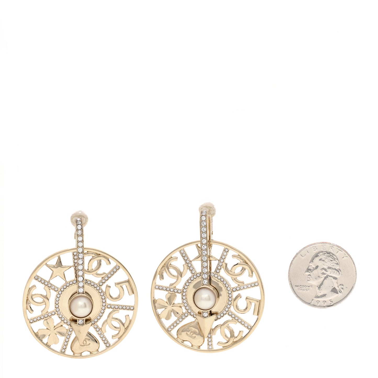 Pearl Crystal Lucky Symbols Round Clip On Earrings Gold Pearly White